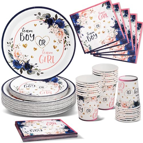 Nkaiso Floraux Gender Reveal Vaisselle, 96Pcs Baby Shower Assiette Kit Bébé Girl Or Boy Party Decoration, Fête Assiettes Carton Gobelet Serviettes en Papier, Fête de Révélation de Genre - 24 invités