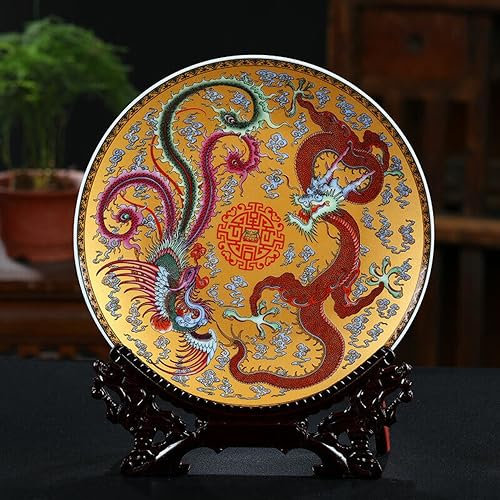 Piatto in porcellana cinese con motivo dragone e fenice, 26 cm