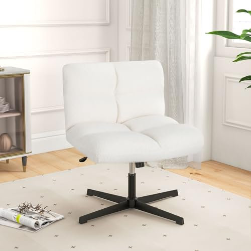 COSTWAY Chaise de Bureau en Imitation Laine d'agneau sans Accoudoirs, Chaise Pivotante à Pieds Croisés Métal avec Assise Large, Hauteur Réglable, Charge 160 kg, pour Salon, Chambre, Bureau, Blanc