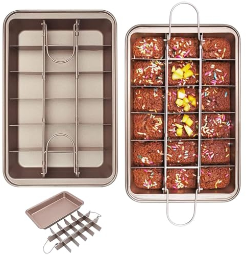 Brownie - Teglia da forno, in acciaio inox, con divisori, teglia da forno, con rivestimento antiaderente, facile da pulire, per biscotti, pizza (oro champagne)