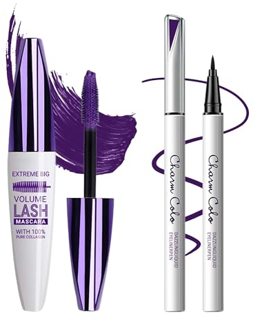 5D Bunt Wimperntusche Voluminös und Charmant & Flüssiger Eyeliner Pen, Curling Mascara Quick-dry Lidstrich Stift, Langlebig Wasserfester Wischfester Augen Make-up, Geschenk Set für Frauen-Lila