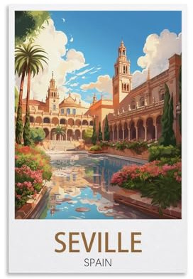 Vintage-Reiseposter Sevilla Spanien, Querformat, 40 x 60 cm, Leinwand, Wandkunst, Poster für Wohnzimmer, Dekoration, Gemälde für Heimdekoration