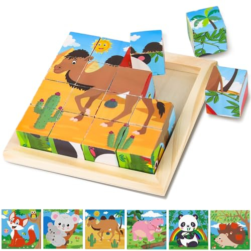 ZDNT Würfelpuzzle Holz,3D Bilderwürfel Puzzlespiele 6 in 1 Tier-Motive Holzpuzzle Montessori Spielzeug,Holzpuzzle Spielzeug für Kinder ab 1 2 3 Jahre Geschenk für Jungen und Mädchen
