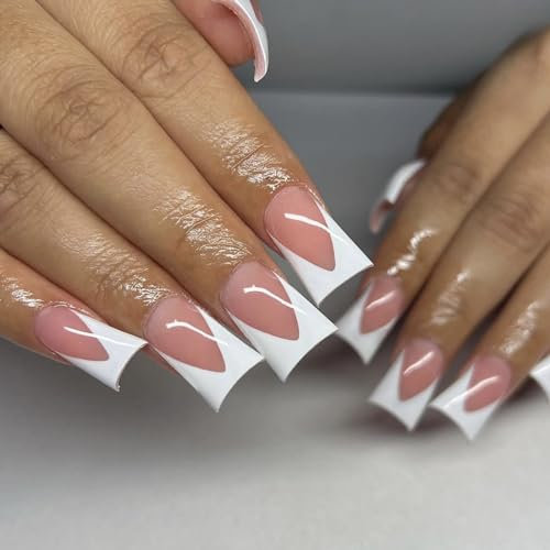 Soft Gel Full Cover Duck Nail Tips,24Pcs Duck Nails Press on, Wide French Nails Duck Fan Flared Fake Nails For Acrylic Nails Gel Extension Polygel Nail Forms DIY Home,12 Sizes (White)