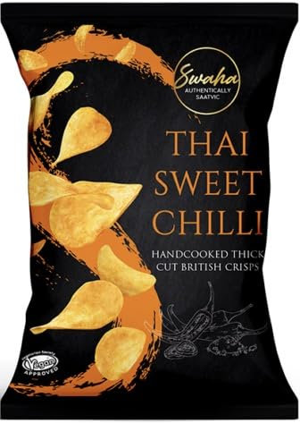 Swaha Crisps Thai Sweet Chilli 24 Packs X 40g - Pure Saatvic - Traditional Hand-Cooked Crisps from UK - All-Natural, Gluten-Free Snack - 100% British Potatoes - Onion & Garlic Free