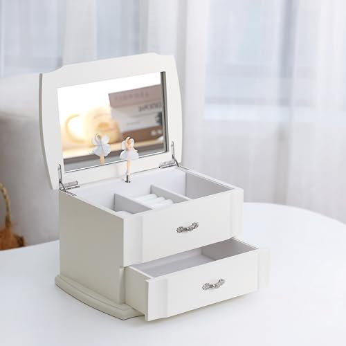 Jozen Gift Weiße Ballerina-Schmuckschatulle mit Spiegel und Halskette für Mädchen und Frauen, Schmuckaufbewahrung, Musiktruhe, Geschenk für alle Feiertage (Musik-Schmuckschatulle)