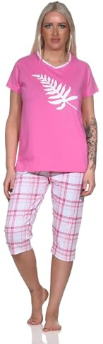 Normann Eleganter Damen Capri Pyjama mit Karierter ¾ Hose und Frontprint