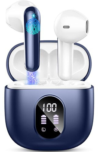 Cuffie Bluetooth, Auricolari Bluetooth 5.4 Stereo HiFi con 4 ENC Mic, 2024 Cuffie Wireless in-ear 50H, Cuffiette Bluetooth Cancellazione Rumore LED Display,Touch Control, IPX7 IP7 Impermeabili Blu