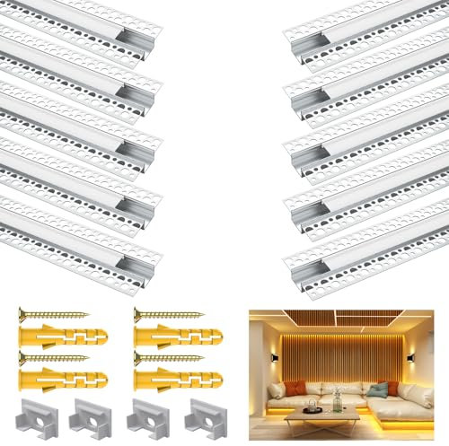 Led Profile 10pack 3.3 Ft/1 Metre, Plaster Trim Edge Led Diffuser Strip, Plaster in Led Profile with Milky Diffuser and End Caps, Led Channel, Led Aluminium Profile for LED Strip Light Diffuser