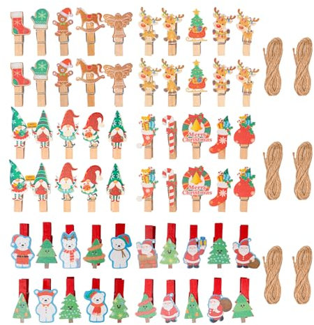 Sxutop 60 Stück Holzklammern Weihnachten Klammern Adventskalender Wäscheklammern Weihnachten Deko Klammern Holz Mini Zierklammern mit Schnur für Weihnachten,Fotowänden,Postkarten,Papiertüten,3.5*0.7cm