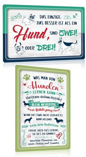 2er Set Hunde Schild mit Spruch Lustig 20x30cm - Retro Hunden Blechschilder - WAS MAN VON HUNDEN LERNEN KANN - MEHR HUNDE - Metallschild Dekoration Geschenk für Haustier und Hundenarr