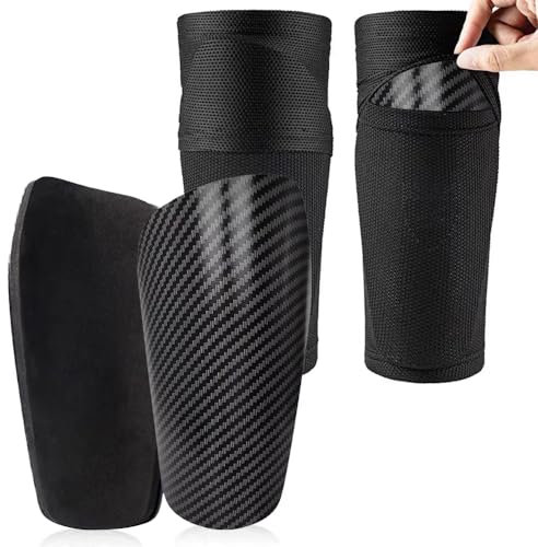 Fußball Schienbeinschoner, Kinder Herren Schienbeinschoner inkl Stutzen mit Optimierter Einstecktasche, Für Erwachsene Jugendliche, Angenehm zu Tragen, Bietet Starke Schutz (Kohlenstoffmuster, XL)