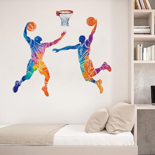 SUPERDANT Basketballspieler Wandaufkleber Aquarell Wandtattoo Sport Wandsticker Dekor Basketball Wandkunst Kunstdekoration Basketball Wanddekor Für Turnhalle Klassenzimmer Spielzimmer Schule