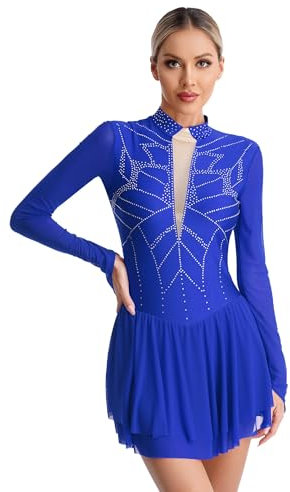 Xnihocha Damen Langarm Eiskunstlauf Kleid Glänzende Rollschuhkleid Ballettkleid Tanz Trikot mit Strass Tanzkostüm Blau L