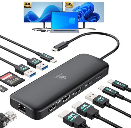 USB C Docking Station Dual Monitor, Dual 4K Display Laptop Docking Station with 2 HDMI,1000Mbps Ethernet Port, 100W USB PD Port, 5 USB A/C Ports, SD/TF Card Slot for Windows Laptop