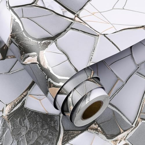 FunStick 60CM×5M Papier Peint Adhesif Mural Cuisine Gris Rouleau Adhesif pour Meuble Marbre Fissuré Papiers Peints Autocollant Meuble Salle de Bain Cuisine Blanc et Gris Papier Adhésif Effet Marbre