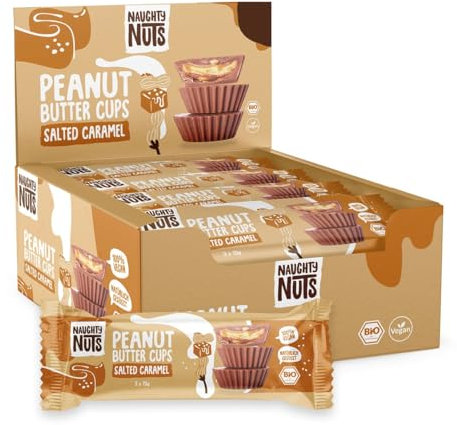 Naughty Nuts Bio Peanut Butter Cups Salted Caramel – Vegan, Palm oil Free and 44% Less Refined Sugar – 12x39g
