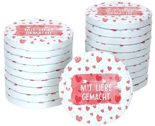 MamboCat 20er Deckel-Set Mit Liebe gemacht I TO 82 Schraub-Deckel für Sturzgläser I Ersatzdeckel für Marmeladen- & Einmachgläser