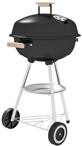 Outsunny Barbecue a Carbonella con Griglia in Metallo, Barbecue da Giardino con Coperchio, Prese d'Aria, Ruote, Raccogli Cenere, Ripiano e Maniglia in Legno, 48x56x94 cm, Nero