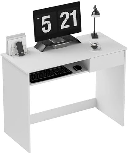 HOMCOM 100cm Compact Computer Desk with Keyboard Tray, Home Office Desk with Drawer for Bedroom Study, White