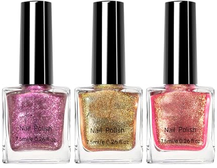 Chameleon Nail Polish Set - 3 Colors Shimmer Glitter Nail Varish(Pink/Purple/Yellow), High Shine Holo Flash, Quick-Dry & Long Lasting Sparkling Nail Art, Waterproof & Weak Smell Manicure Home DIY