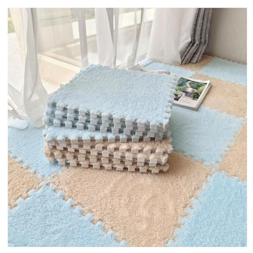 carpet squares, Interlocking Foam Mats Plush Mat, Fluffy Carpet Tiles Plush Area Rug, Bedroom Floor Tiles, Soft Playmat Puzzle Floor Mat(Light Brown+blue)