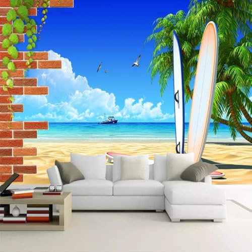 Tzxztt Mur De Briques 3d Plage Cocotier Mer Papier Peint 3d Moderne En Soie GaufréE MatéRiau IdéAl Pour Le Salon Et La Chambre à Coucher-350cm×256cm