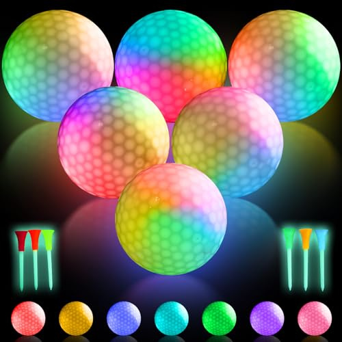 LED Golfbälle Leuchtende Golfbälle mit 7 Farben, 6x Light Up Golfbälle Nacht Golfball mit Tees, LED Leuchtet Dunkeln leuchten Golf Übungsbälle Leuchtgolfbälle für Nachttraining & Langstreckenschüsse