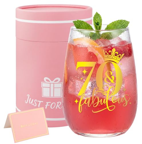 Bliceon Weinglas zum 70. Geburtstag für Frauen, 425 ml, personalisierbar, Geschenkkörbe zum 70. Geburtstag für Frauen, Jubiläumsgläser, Geburtstage, Partys, Ruhestandsgeschenke
