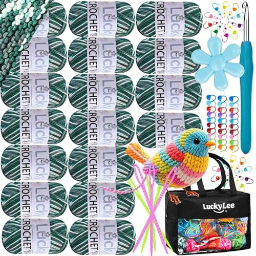 Crochet Yarn (18 * 25g), Acrylic Wool Double Knitting Wool, Crochet Wool with Carry Bag, Aluminum Crochet Hooks Stitch Markers, Ombre Color Yarn for DIY Craft Blankets Socks Dolls (07-Green)