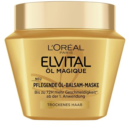 L'Oréal Paris Elvital Öl Magique Pflegende Öl-Balsam Maske, Formel mit kostbarem Kamelien-Öl, bis zu 72H mehr Geschmeidigkeit ab der 1. Anwendung, für trockenes Haar, ohne Rückstände, 1x300ml