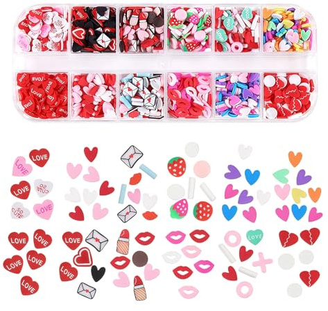 XNFUOE 12 Grids Valentines Day Nail Art Charms Heart Nail Charms 3D Colorful Clay Slices Cute Small Lip Nail Flakes Charms for DIY Nail Art Decoration
