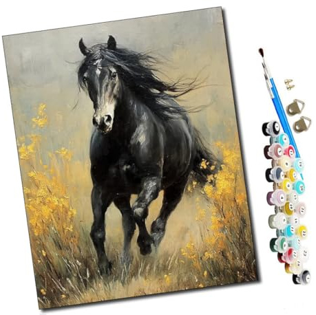 WMZPOY Peinture par Numéros pour Adulte Cheval noir au galop DIY Peinture Acrylique pour Adultes débutants Facile sur Toile 40×50 cm avec peintures et pinceaux-sans Cadre