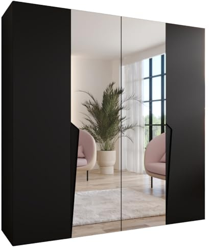 MEBLE KRYSPOL - Kleiderschrank - Garderobenschrank - 200 cm x 202 x 52 cm - Schrank mit Kleiderstange und Spiegel, 4 Türen - für Schlafzimmer, Flur - Piano, Schwarz, Griff Schwarz