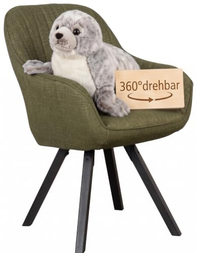MR. DEKO Esszimmerstuhl Matera drehbar FSC®-Zertifiziert | Polsterstuhl mit Armlehne Esszimmer-Sessel 360-Grad Drehstuhl | Küchenstuhl Strukturstoff Grün | Holz Beine 59x61x84 cm