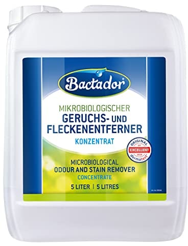 Bactador Enzymreiniger - Geruchsentferner & Fleckenentferner Konzentrat 5L - Mikrobiologischer Geruchsneutralisierer - Porentiefe Reinigung - Ergibt bis zu 250 Liter - Hunde/Katzenurin Entferner