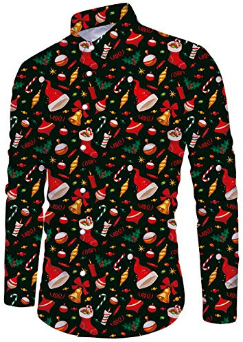 Goodstoworld Mens Christmas Shirt Green Cool 3D Graphic Bell Red Hat Socks Funny Christmas Shirts Hawaiian Ugly Xmas Elf Long Sleeve Button Up Santa T-Shirts for Men XL