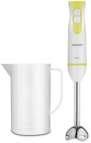 Zelmer ZHB4551L – Stabmixer, 800 W, mit Zubehör, Edelstahl-Mixfuß, spülmaschinenfest, Turbo-Funktion, 0,8 l Messbecher inklusive, Weiß/Limette.