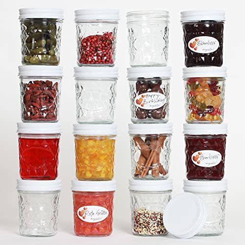 megusta!® 16 bocaux motif diamant | 200 ml | couvercle blanche | pots à confiture, pour dessert, purée de bébé, pour offrir | cuisson + congélation | + 16 étiquettes