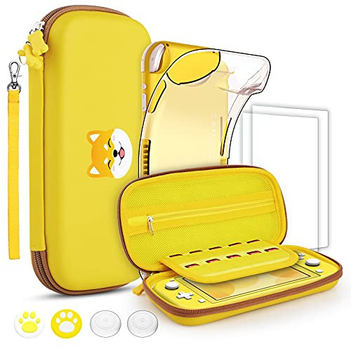 GeeRic Tasche Kompatibel für Switch Lite 2019,Kompatibel für Switch Lite Hülle mit Schutzfolie,2 HD-Glas Displayschutzfolie,4 Daumen Griffkappen Kompatibel für Nintendo Switch Lite Zubehör (Shiba Inu)