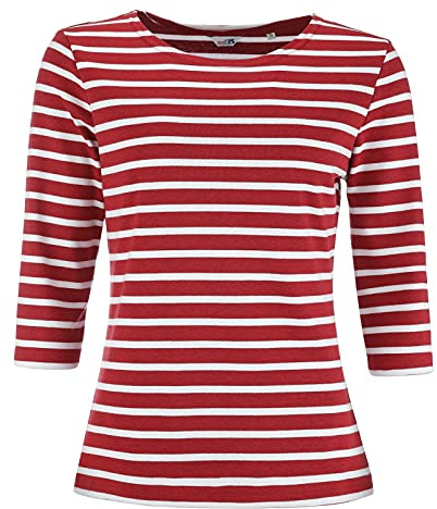 modAS Bretonisches Damenshirt mit 3/4-Arm - Streifenshirt Ringelshirt Basic Shirt Gestreift aus Baumwolle in Rotmelange/Weiß Größe 40