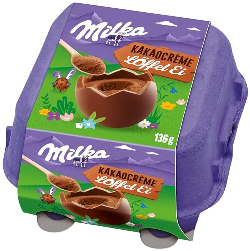 Milka Löffel Ei Kakaocréme – gefüllte Osterschokolade im Eierkarton mit 4 Löffel-Eiern – 136g
