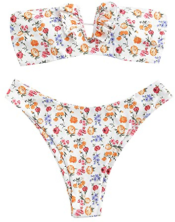 ZAFUL Damen Bandeau Schulterfrei Bikini Set Sexy Strandkleidung mit Blumenmuster Knote