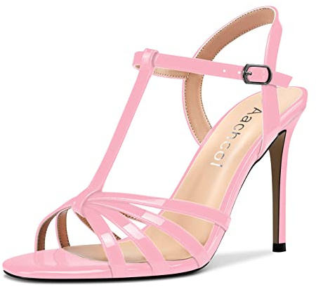 Aachcol Femmes T-strap Sandales Aiguille Haut High Talon Heel Ouvert Bout Slingback Lanières Cheville Chaussures 10 CM