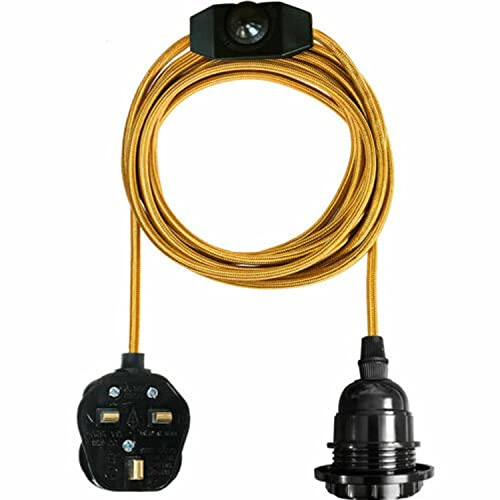 LEDSONE Vintage Plug in Pendant Light Kit with Fabric Flex Cable | 2m Hanging Light Fitting with E27 Bulb Socket and Plug with Switch Ideal for Home,Office, Café, or Decorative Lighting (Gold)