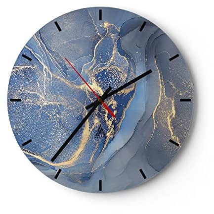 Modern Wanduhr Gold Blau Farbe 40x40cm Rund Groß Wand Uhr Glas Analog Zimmeruhren Küche Büro Wohnzimmer Glasuhr Wall Clock Dekoration Design Wanddekoration Küchenuhr C3AR40x40-5029