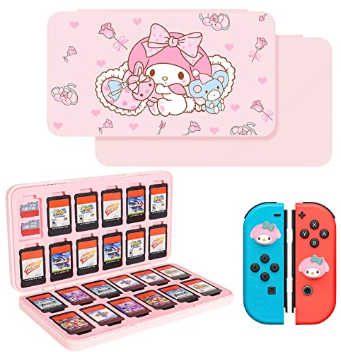 DLseego Switch Game Card Case Compatible con Switch/Switch OLED/Switch Lite,Caja de almacenamiento de tarjetas de juego, con 24 tarjetas de juego y 48 ranuras para tarjetas Micro SD-Conejito Rosa