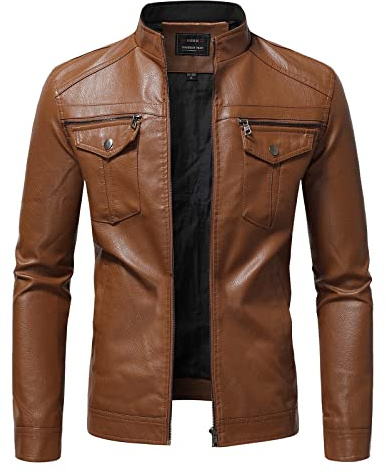 Sutelang Lurryly Giacca Uomo in Pelle PU Antivento Moto Calda Multi-Tasche Casual Retro Faux Cappotti Autunno, Marrone, M, Giubbotto