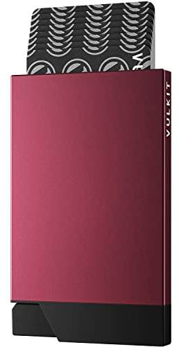 VULKIT Porte Carte Homme ou Femme Metallique Portes Cartes Bancaires Sécurisé Slim Porte Carte de Credits RFID Étui Rigide Pop Up pour 6-8 Cartes, Vin