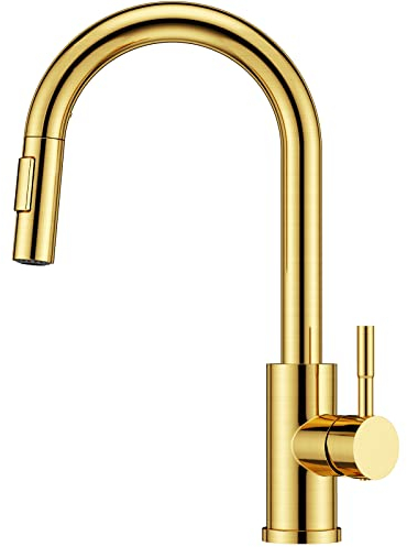 FORIOUS Wasserhahn Küche, Hoher Bogen Küchenarmatur mit Herausziehbarer Brause Ausziehbar Armatur, Mischbatterie Spültischarmatur Küche Küchenarmaturen, 360° Schwenkbar, Gebürstetes Gold